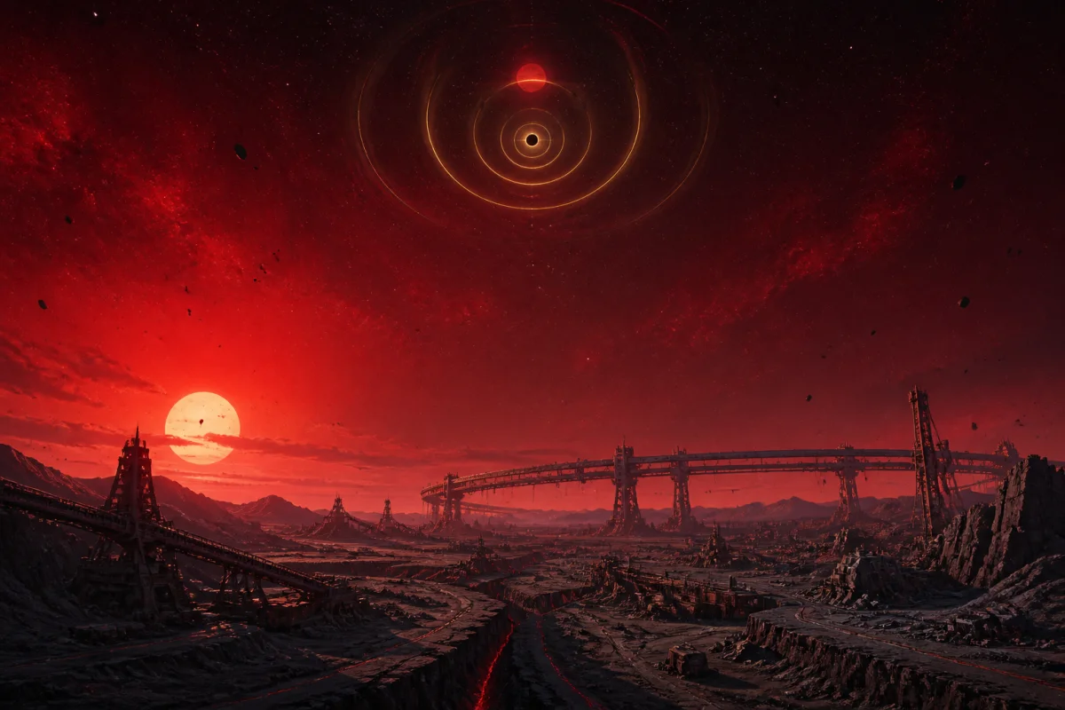 A black star above a crimson alien horizon